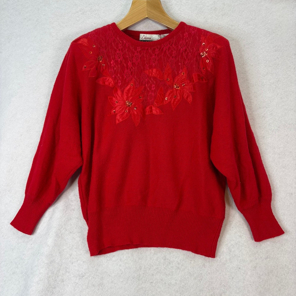 Vtg Lace Floral Sequin Knit Dolman Sleeve Sweater Red Womens L Festive Retro 90s